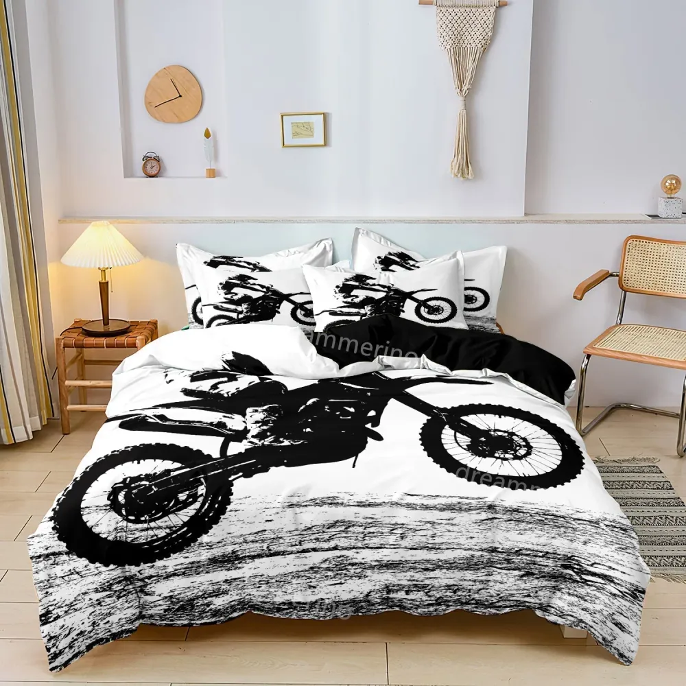 Motorcycle Duvet Cover Set | Black and White Motocross Design Twin