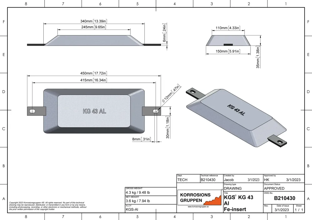 Aluminiumanode TYPE 43 - 330*150*35