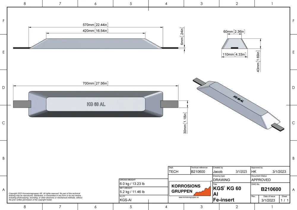 Aluminiumanode TYPE 60 - 570*110*43