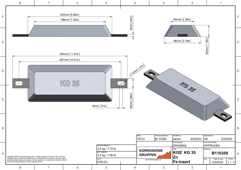 Zink anode Type 35 - 220 * 96 * 30