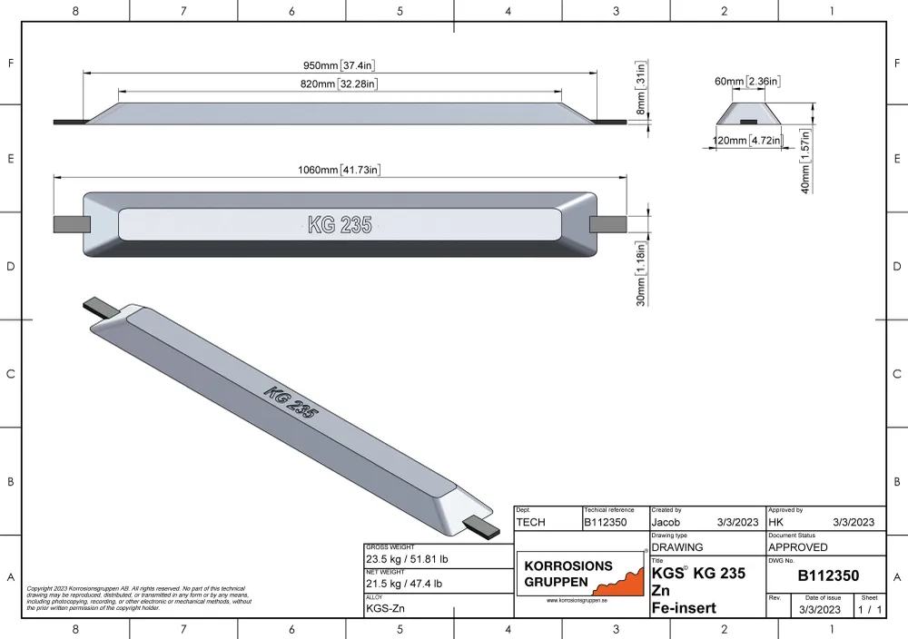 Zinkanode TYPE 235 - 950*120*40